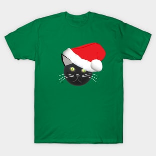 Christmas Kitty Cat Wearing a Santa Hat (Green Background) T-Shirt